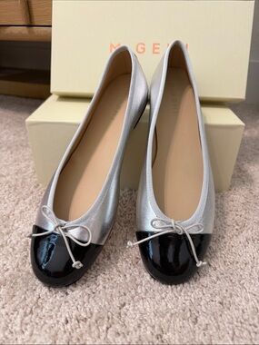 Silver Ballet Flats with Black Patent Toe Cap - Elegant Women’s Flats